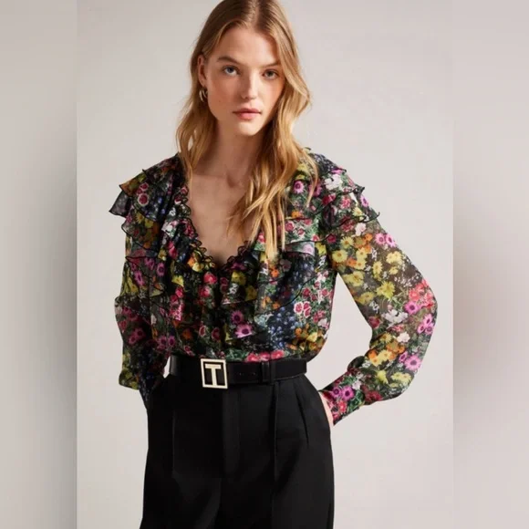 Ted Baker Frilled V neck long sleeves blouse - Picture 1 of 4